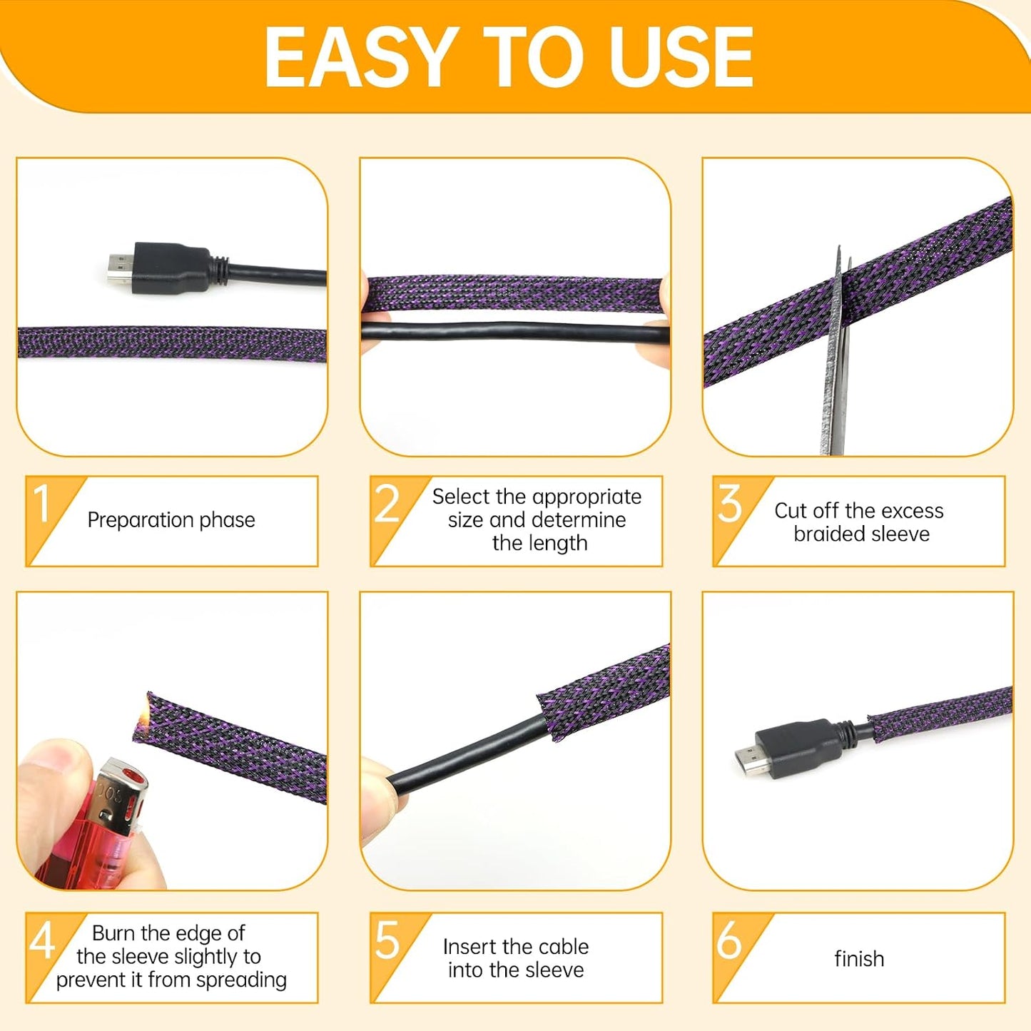 Braided Cable Sleeve, 33ft Expandable Wire Loom for Automotive Wiring Harness & PC Case, Pet-Proof Chew Resistant Cord Protector, Flexible Cable Management (Purple Black, 16mm (5/8"))