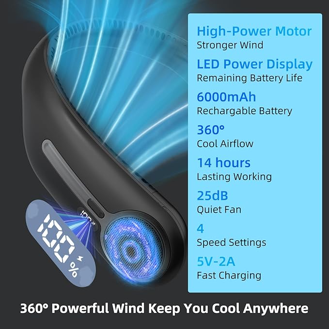 Portable Neck Fan, Hands Free Personal Wearable Bladeless Fan, 6000mAh USB - Image 3
