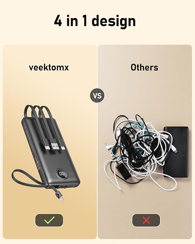 VEEKTOMX Portable Charger Built-in Cables, 10000mAh Power Bank - Image 3