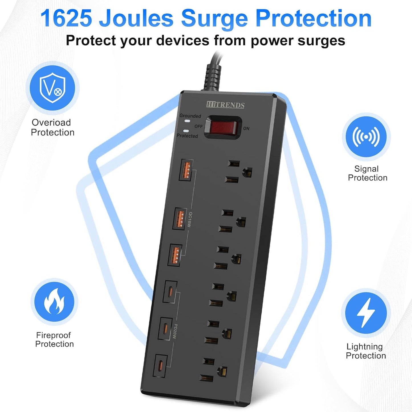 Power Strip, HITRENDS Surge Protector with 6 AC Outlets & 6 USB Ports (3 USB-C & 3 USB-A), 20W PD Fast Charging USB-C, 6 Ft Flat Plug Extension Cord with Multiple Outlet, 1625W/13A, for Home Office