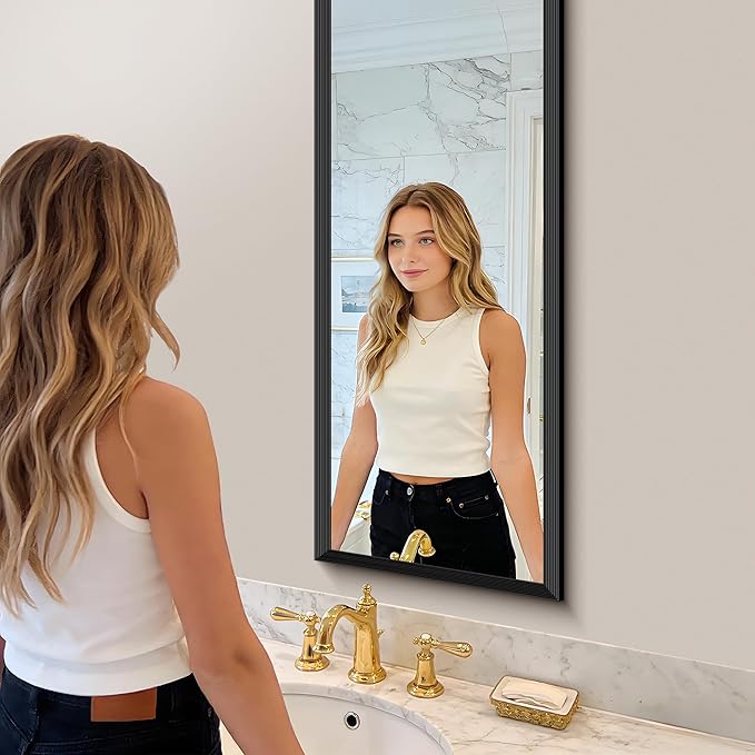 Black Bathroom Mirror 14 x 48 Inch Rectangle Wave Beveled - Image 6