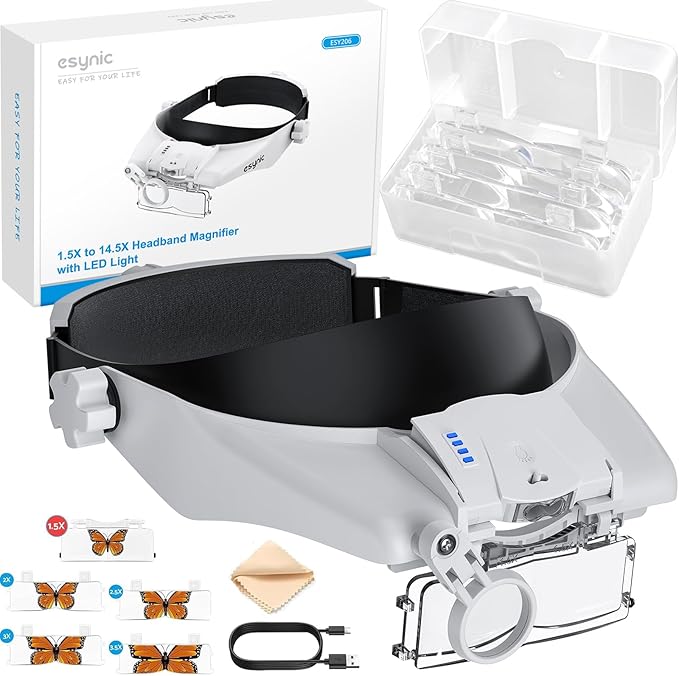 eSynic Head Magnifier with 2 LED Light-1.5X-13X Magnification with 5 Acylic by eSynic
