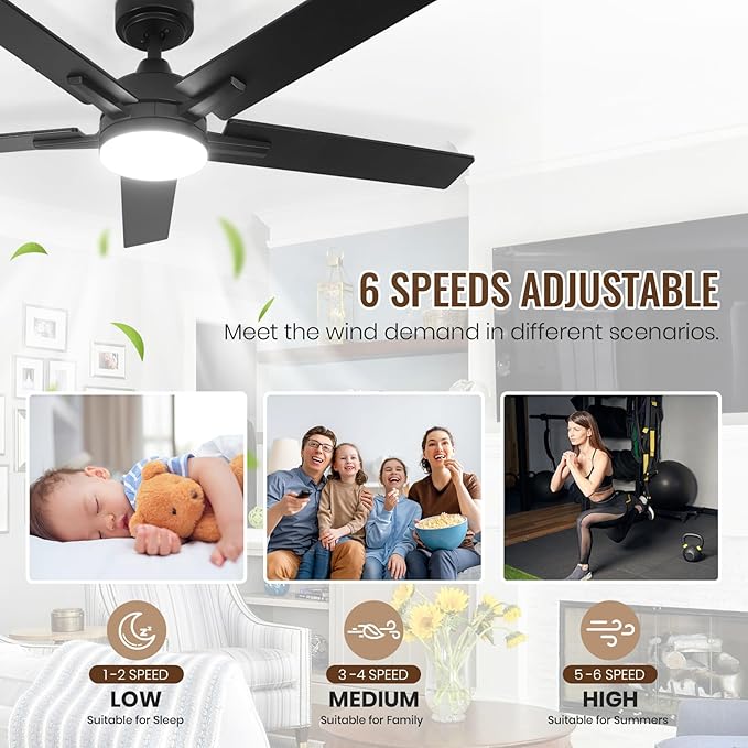 SODSEA Ceiling Fans with Lights, 52 Inch Black Ceiling Fan with Light and - Image 6