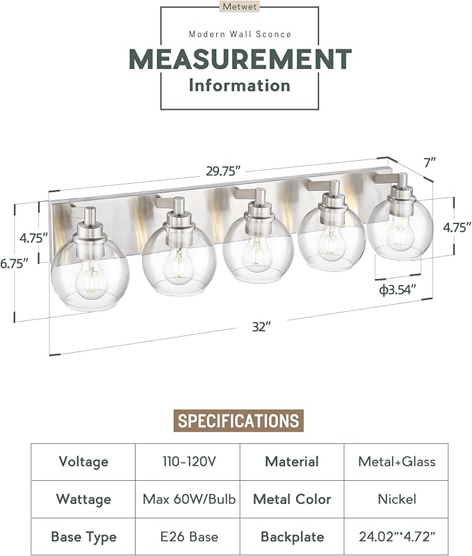METWET Bathroom Light Fixtures, 5 Light Brushed Nickel Vanity Light, 32 Inch - Image 2