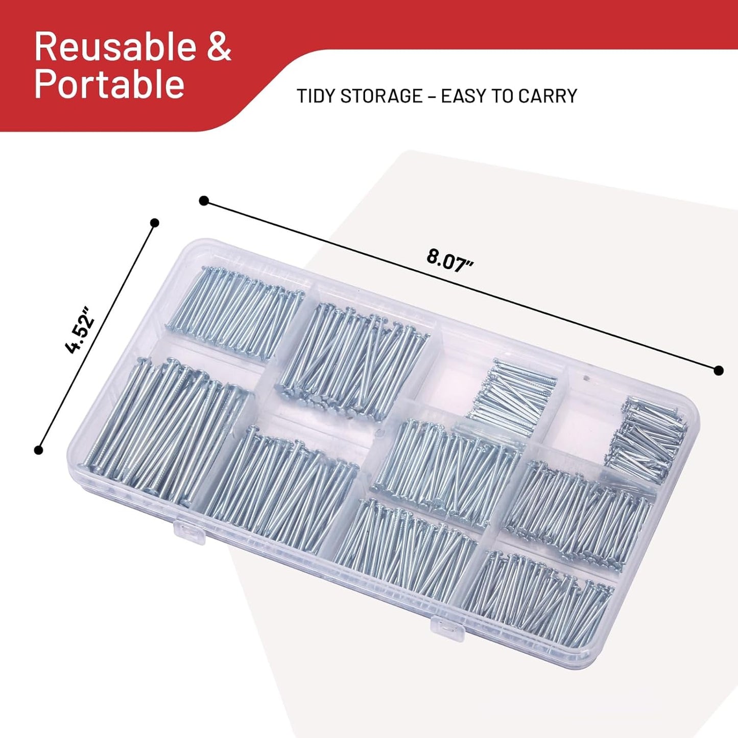 Nails Assortment Kit - 700 PCS Galvanized Steel Nails for Wall | Hanging Pictures & Wall Art Decor, Organizer Box with 6 Sizes: 3/4", 1", 1-1/4", 1-1/2", 2" & Finish Nails.