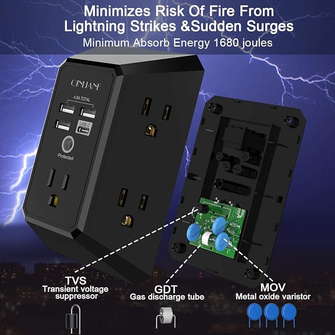 USB Wall Charger, Surge Protector, QINLIANF 5 Outlet Extender - Image 6