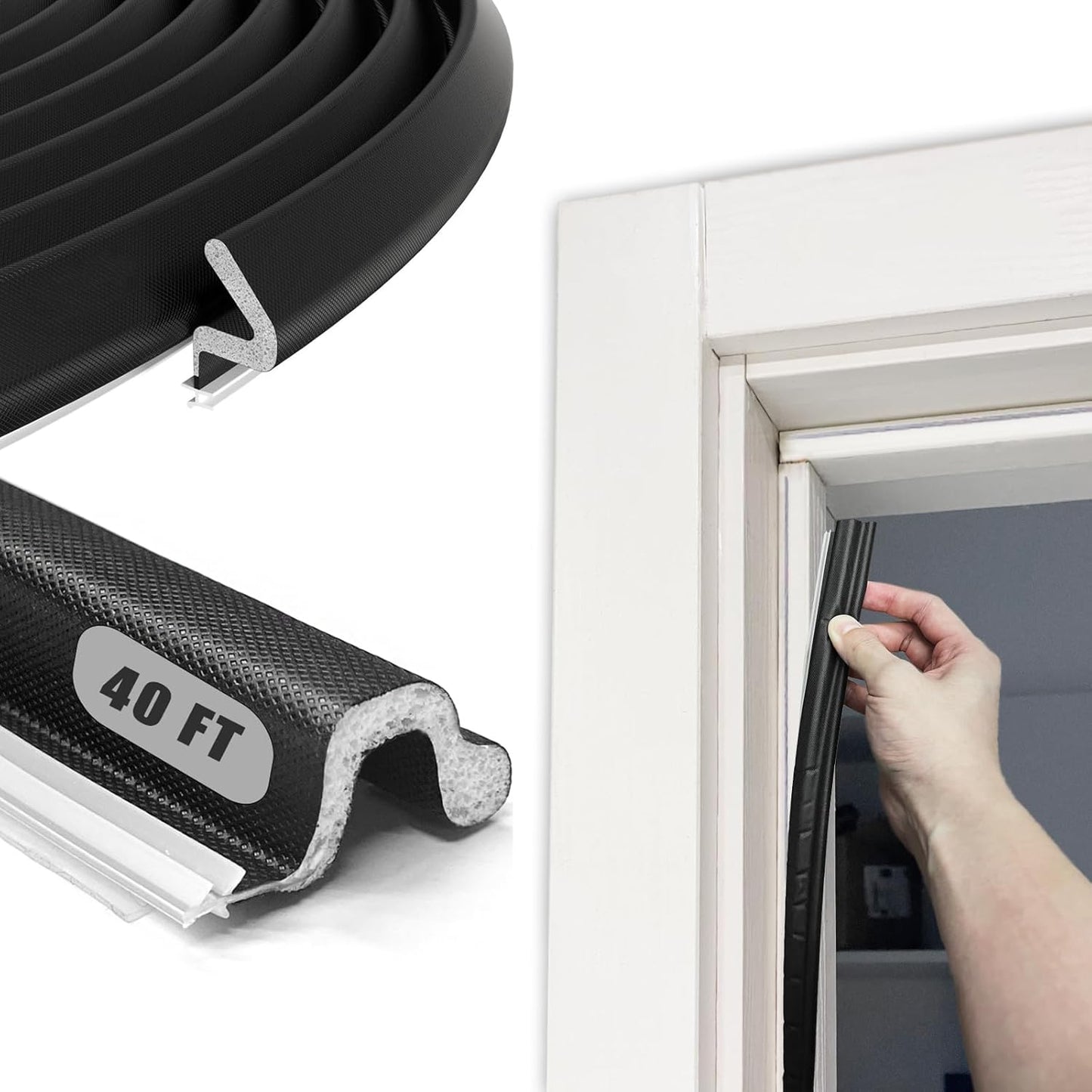 40 FT Door Frame Extra Thick Kerf Non-Adhesive Weather Stripping Seal Strip PU Foam, PE Cover, Groove Slot Installation for Large Gap, Sound, Dust, Water Insulation (40ft, Black, Extra Thick Flanged)