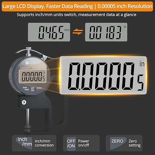 Neoteck Digital Thickness Gauge 1inch/25.4mm, 0.00005inch/0.001mm LCD Display - Image 3