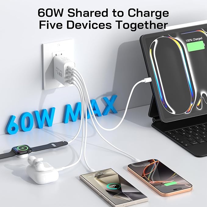 2Pack USB C Fast Charger Block, Total 60W 5-Port USB C Wall Charger - Image 4