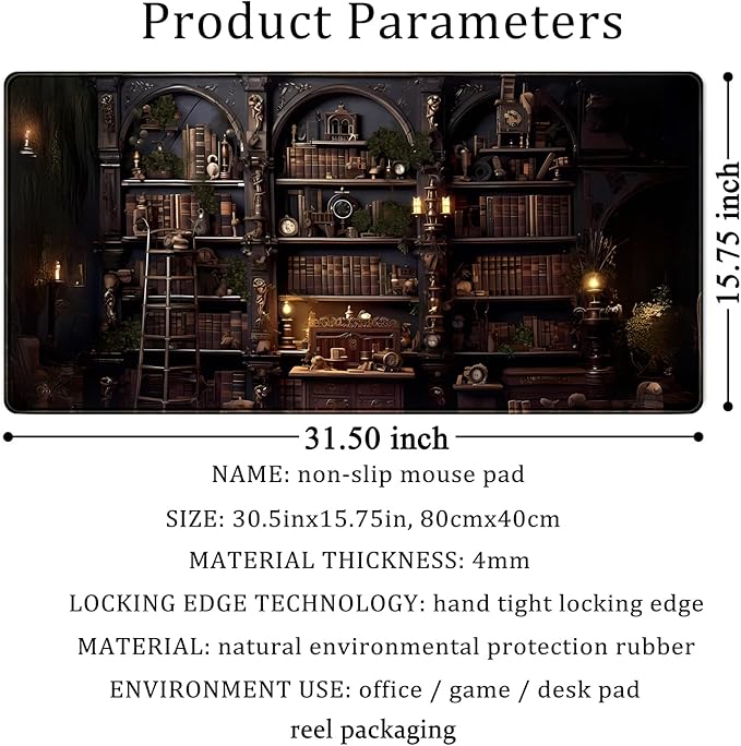 Black Vintage Gothic Desk Mat Black Dark Academia Desk Pad Medieval Bookshelf - Image 6