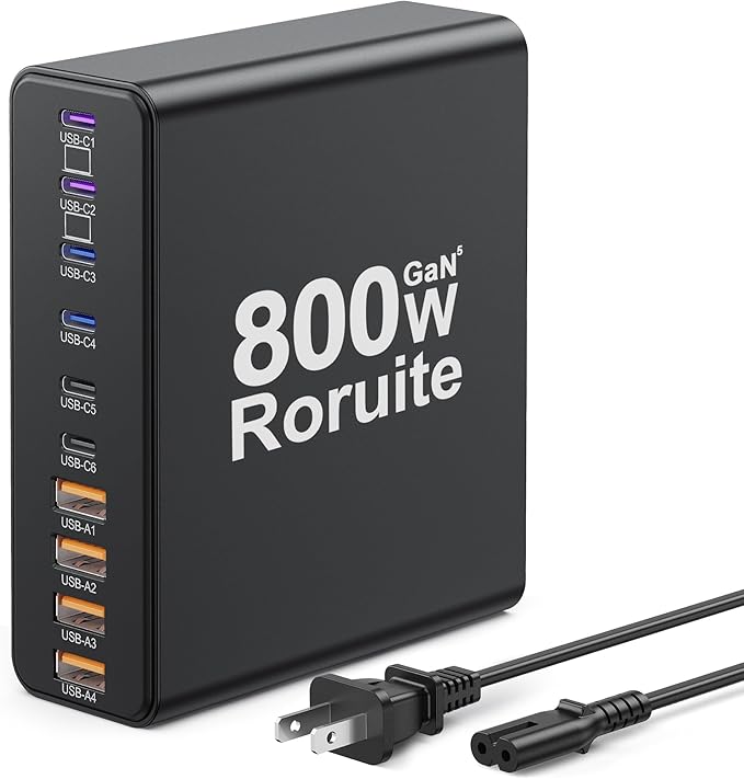 800W USB C Charging Station, 120W PD GaN5 Super Fast USB C Charger Block-10 Port by Roruite