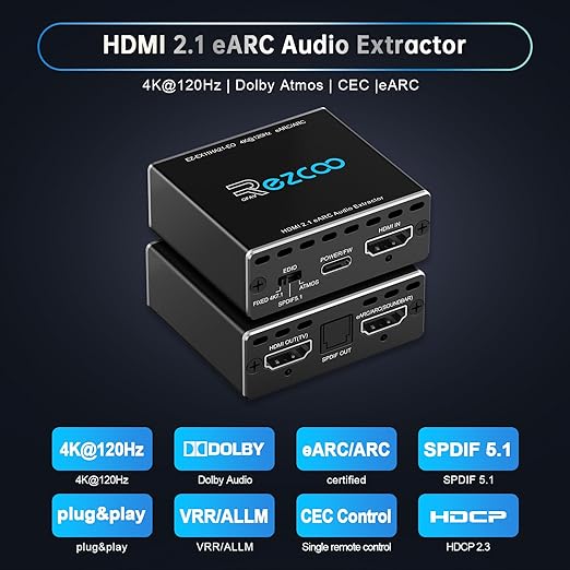 4K@120Hz HDMI 2.1 eARC Audio Extractor 1 in 1 Out Support VRR ALLM HDCP2.3 ARC - Image 4
