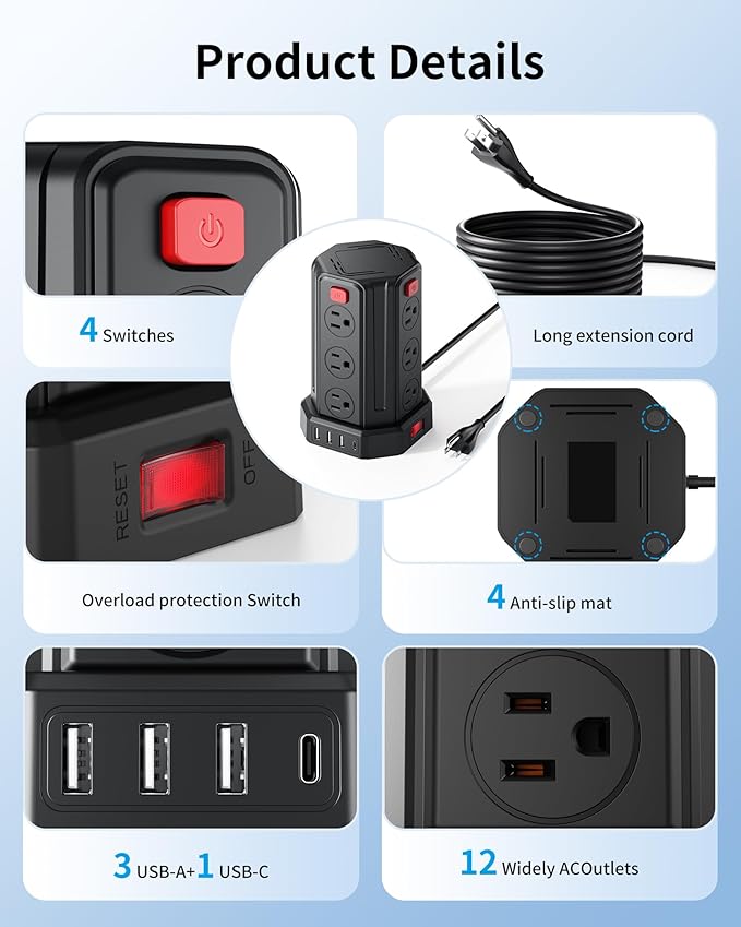 Power Strip Surge Protector, 6.5 Ft Extension Cord - Image 4