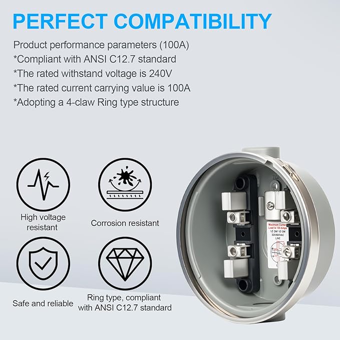 100 Amp Meter Socket, 4 Jaw Meter Base, 240V 3 Wire Ring Type, - Image 3