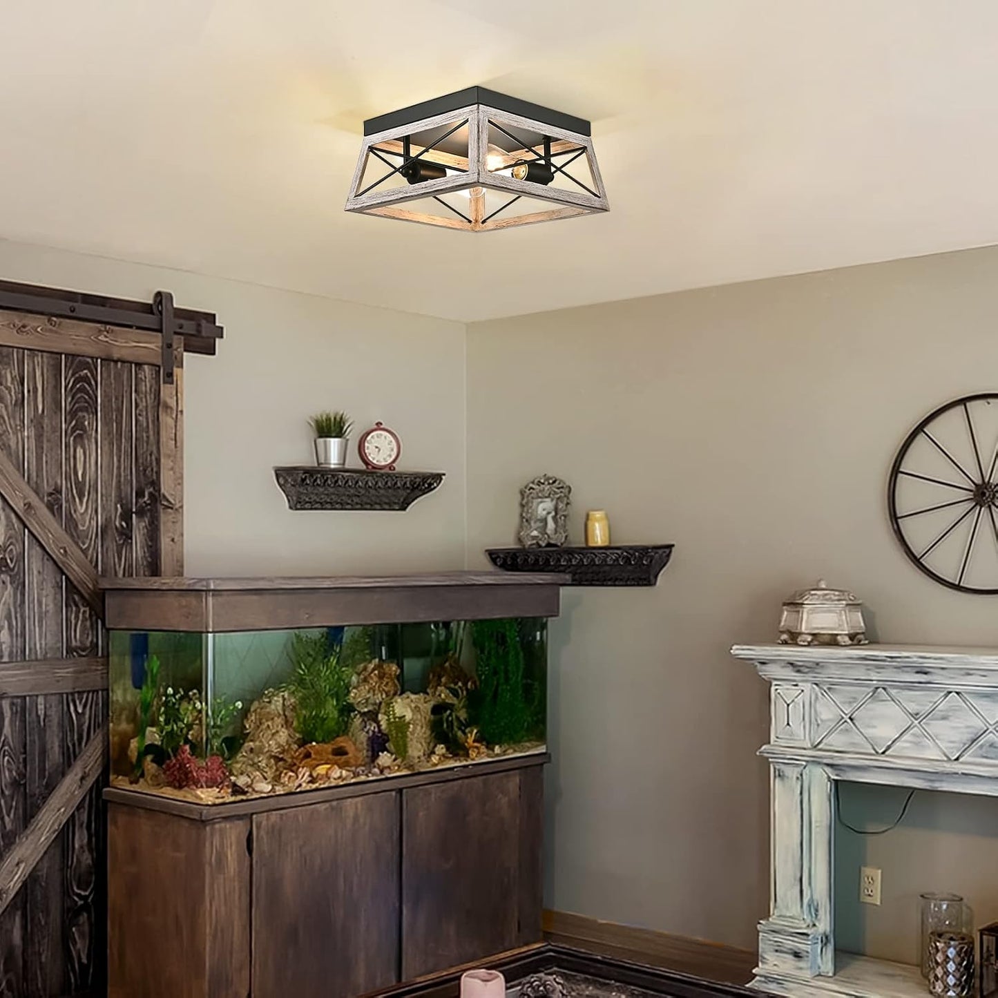 DEWENWILS Farmhouse Flush Mount Ceiling Light, Metal Light Fixture with Wood Grain Finish, 2-Lights Hallway Light Fixture Ceiling Mount for Entryway, Foyer, Dining Room | 2-Lights, Hardwired, E26 Base, Open-Caged, Metal Fixture for Kitchen, Hallway