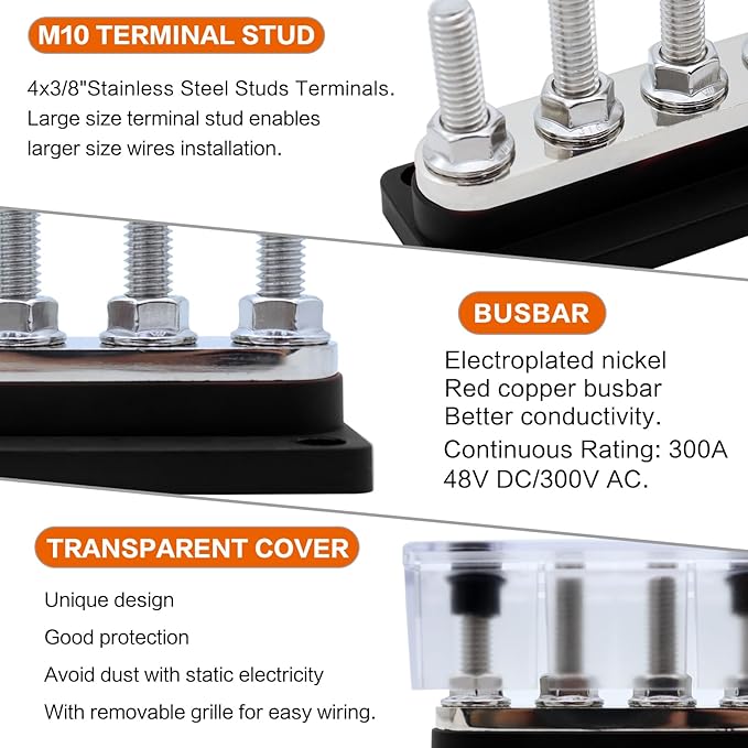 AMOMD 300A Bus Bars 4 Terminal Studs M10 Nickel Plated Copper Distribution - Image 3