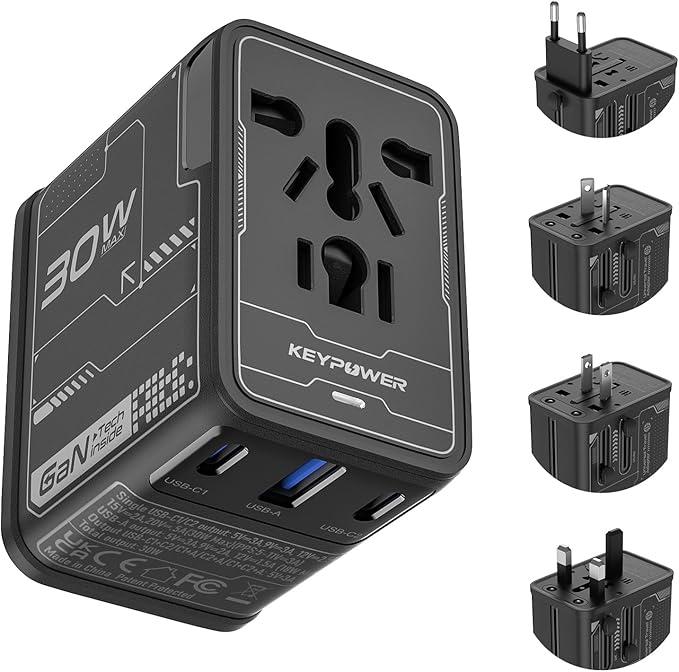 Universal Travel Adapter 30W GaN, KEY POWER All-in-One International Power by KeyPower