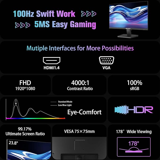 SANSUI Monitor 24 inch 100Hz Computer Monitor丨FHD 1080P PC - Image 3