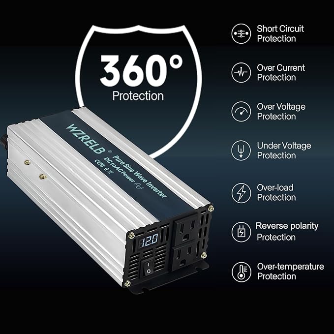 WZRELB 1000W Pure Sine Wave Inverter 12V DC to 110V 120V AC Power Converter - Image 2