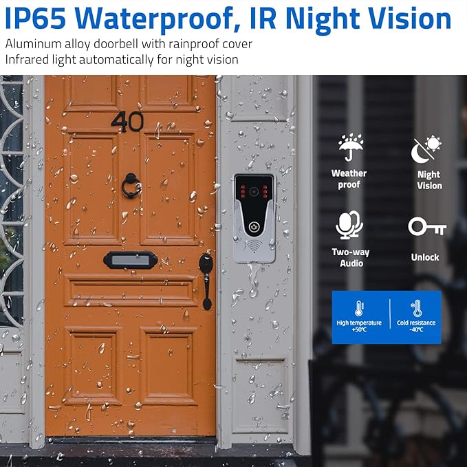 Wired Video Intercom System, 7 Inch Monitor and Aluminum Alloy Doorbell Camera - Image 4