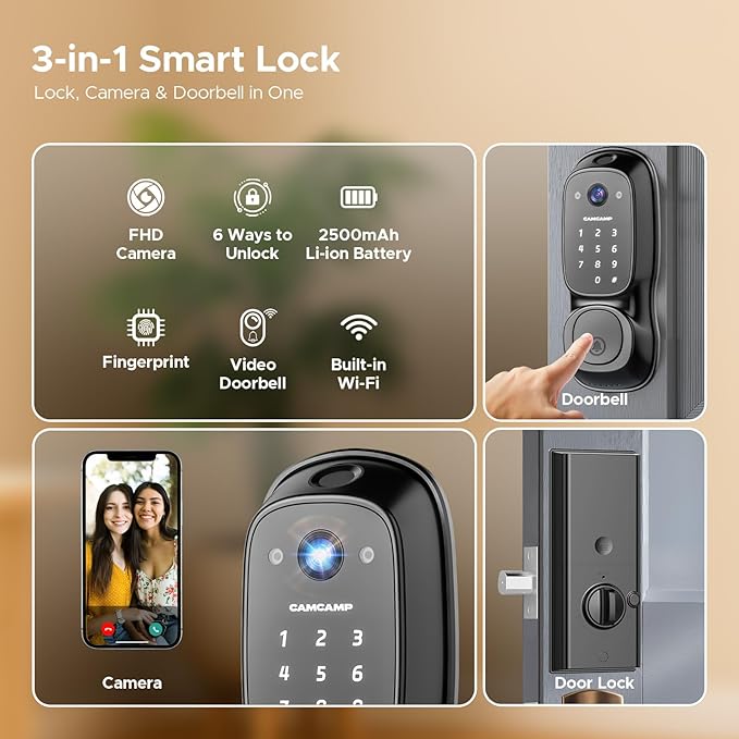 Smart Lock with Camera & Doorbell, 3-in-1 Smart Deadbolt - Image 2