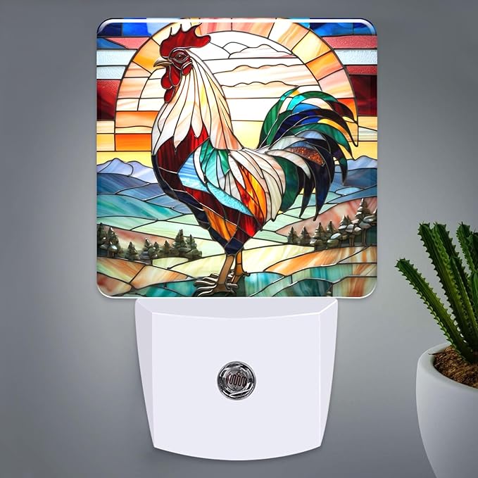 PODMemory Rooster Stained Glass Night Lights Plug into Wall by PODMemory