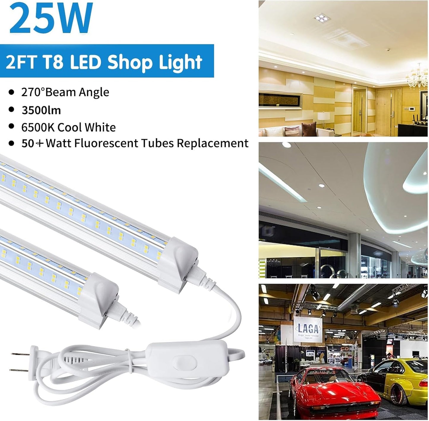 AQIQUUT Led Shop Light 2ft,Led Shop Light,25W 6500K 3200LM Clear Cover,T8 LED Light Fixture,Ceiling and Utility Shop Lights,Linkable Light Fixture for Room,Garage,Workbench,Warehouse(2-Pack)