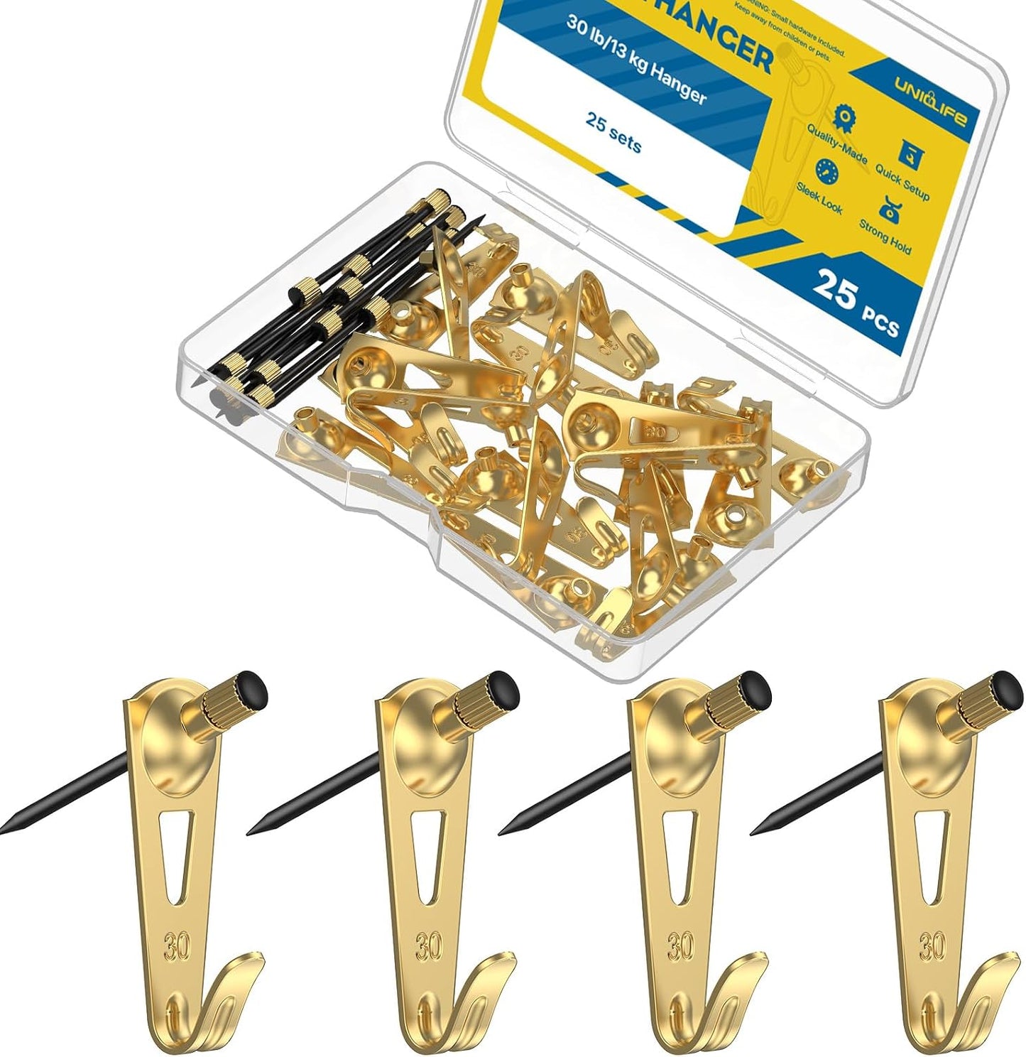 Uniclife 25 Pcs 30 lb Heavy Duty Picture Hangers for Drywall & Wood, Picture Hanging Hooks with Nails, Picture Hanging Hardware, Frame Hooks Picture Hooks for Hanging Photos Mirrors Paintings