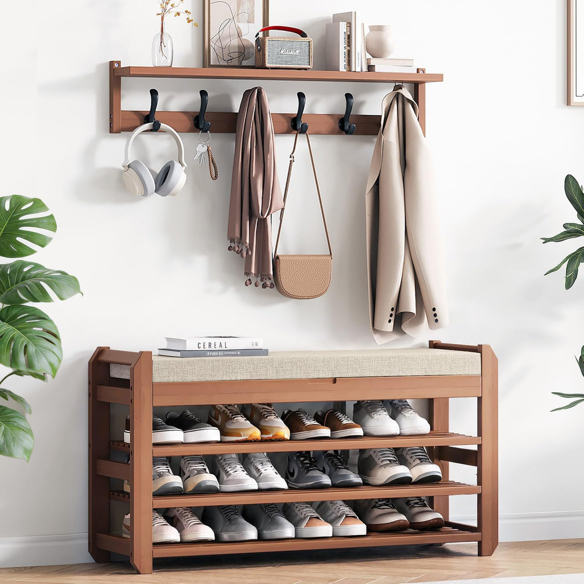 39.4" shoe rack bench with coat rack 3-tier, main product view