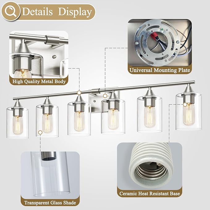 XPEHK 6-Light Bathroom Lighting Fixtures Over Mirror, Brushed Nickel Light - Image 5
