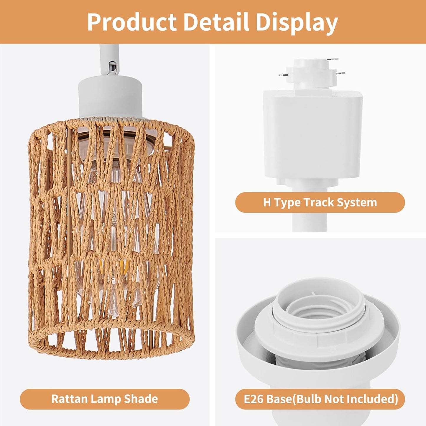 4-Pack H Track Lighting Heads, Rattan Track Light Heads Fixture for H Type Track Lighting Rail, E26 Flexible Track Light Ceiling Fixtures, Adjustable Modern Track Light for Kitchen, No Bulb