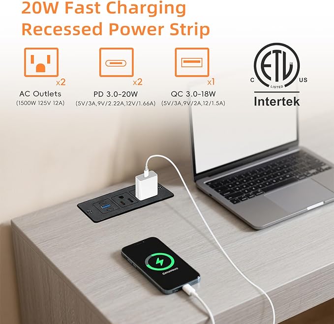 Recessed Power Strip USB, 20W Fast Charging Furniture Outlet - Image 2