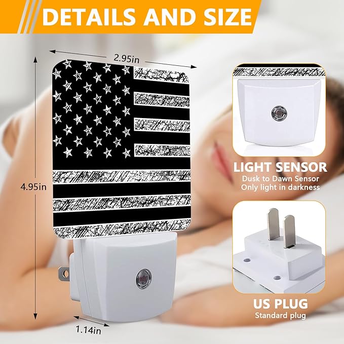 GANTINIR Black White American Flag Night Light, Plug-into USA Flag Nightlight - Image 2