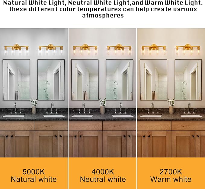 4 Light Gold Bathroom Vanity Light, Brushed Brass Bathroom Light Fixtures - Image 6