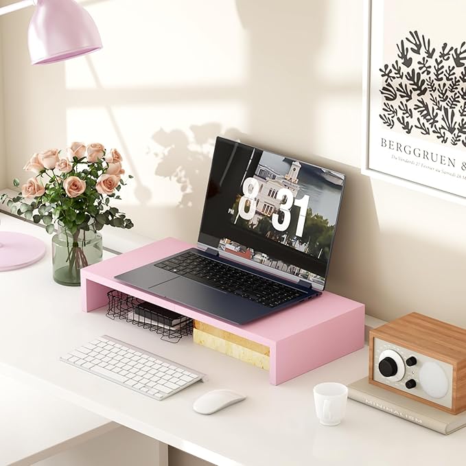 TEAMIX Pink Monitor Riser-20L inch, Wood Monitor Stand - Image 2