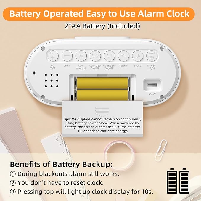 DOOMAY Digital Alarm Clock for Bedroom: Dual Alarm Bedside Clock VA LCD Display - Image 7