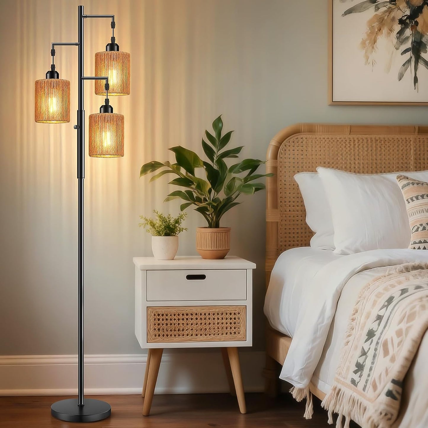Hotsonic 72" Boho Rattan Tree Floor Lamp, Tall Dimmable Industrial Standing Lamp, Corner Decor Accent Lighting for Living Room, Bedroom, Dining Room, Nursery, Cafe (3 x 800LM Bulbs Included) - Black