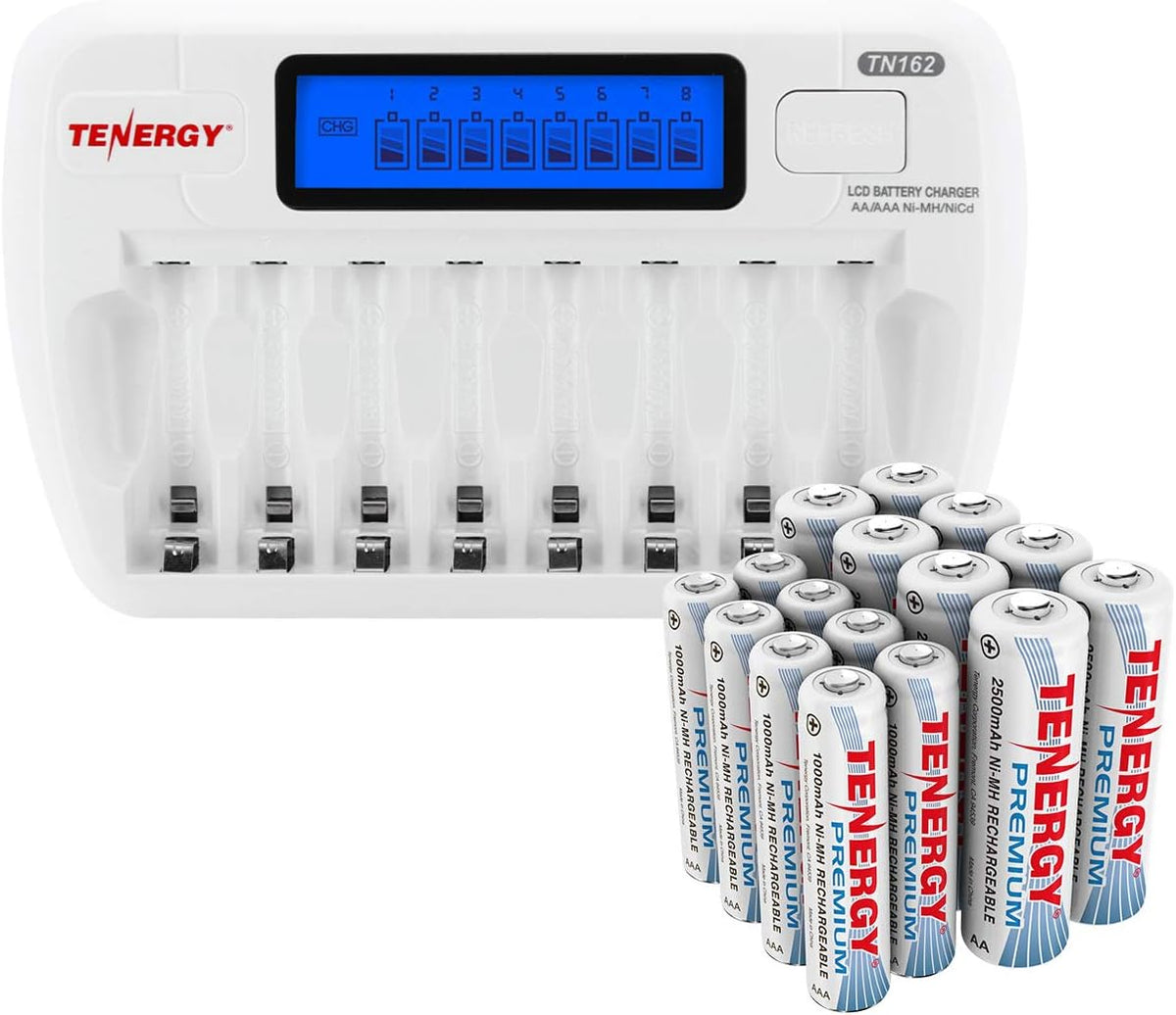 Tenergy Batteries and Charger Bundle, TN162 8-Bay Smart LCD AA/AAA NiMH/NiCd