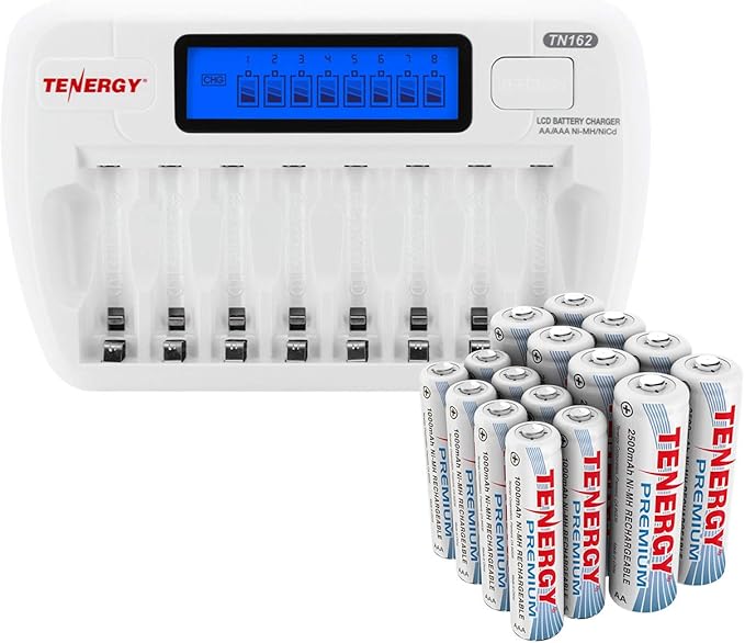Tenergy Batteries and Charger Bundle, TN162 8-Bay Smart LCD AA/AAA NiMH/NiCd by Tenergy
