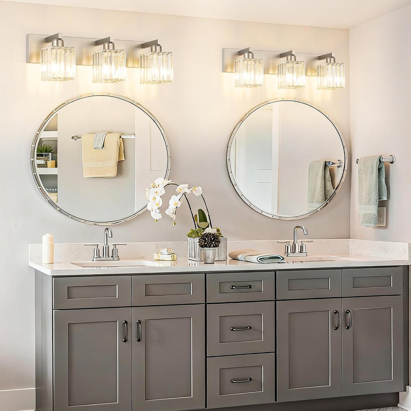 Aipsun Brushed Nickel Vanity Light Bathroom Lighting Fixtures 3 Light Crystal Modern Bathroom Vanity Light (Exclude Bulb)