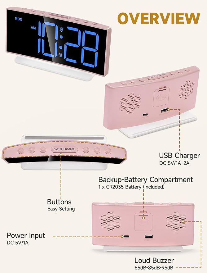 Cadmos Modern Curved Cute Digital Alarm Clock, Colorful Led Display, Adjustable - Image 6