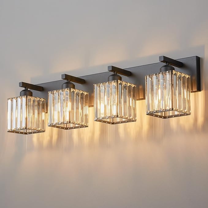 FDPBY Modern Bathroom Vanity Light 4-Lights Modern Black Crystal Wall Light by FDPBY