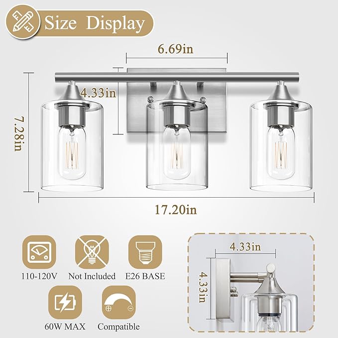 XPEHK 3-Light Bathroom Light Fixtures, Brushed Nickel Vanity Light, Modern - Image 4