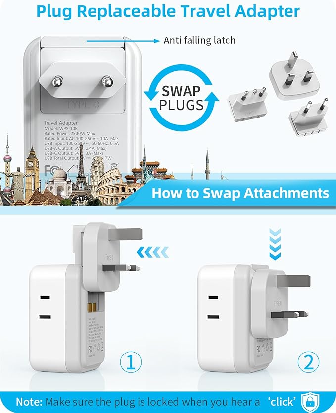 European Travel Plug Adapter USB C, US to EU/UK Plug Adapter- 4AC Outlets 4 USB - Image 6