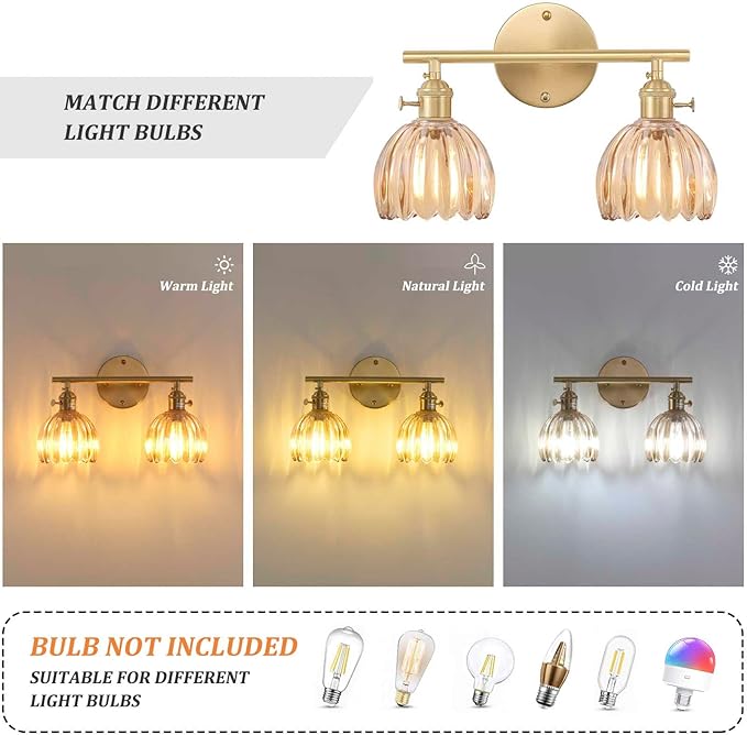 Shenmoyl Bathroom Light Fixtures, 2-Light Brass Vanity Wall Light Over Mirror - Image 4