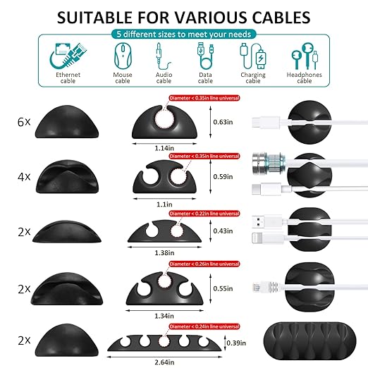 16Pack Black Desk Cable Management, Adjustable Cord Organizer Cable Clips - Image 6