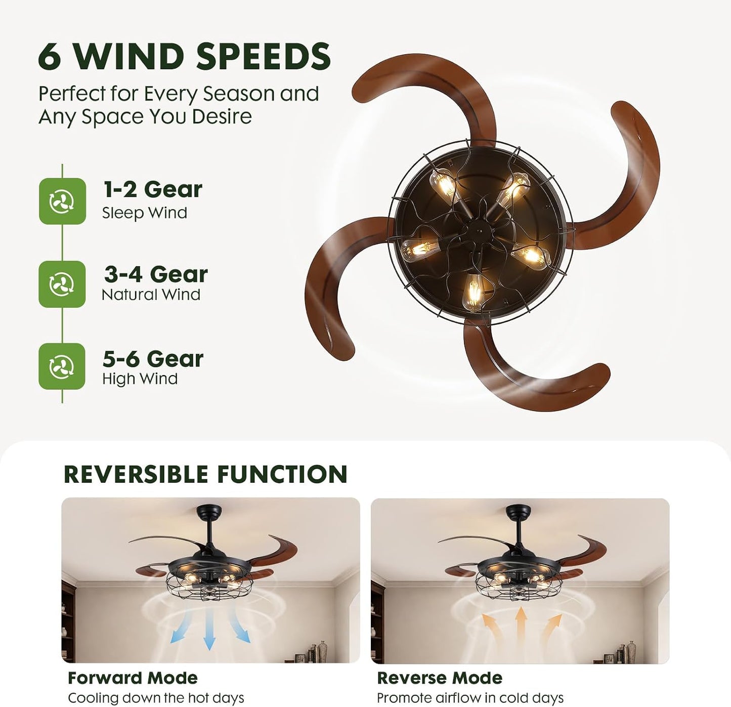 48" Rustic Ceiling Fan with Lights and Remote, Industrial Fandelier Ceiling Fan Black Retractable Invisible Ceiling Fan for Farmhouse Living Room Dining Room Bedroom Kitchen Garage