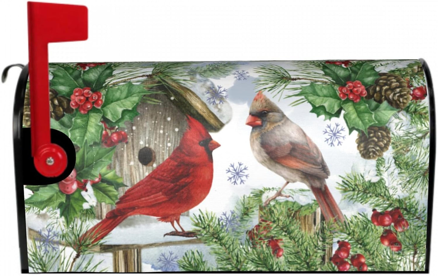 Winter Cardinal Christmas Mailbox Covers Magnetic Standard Size 18x21 Red Green Xmas Birds Holly Pine Print Decorative Mailbox Wrap Cover Holiday Decorations Outdoor Home Patio Garden Decor