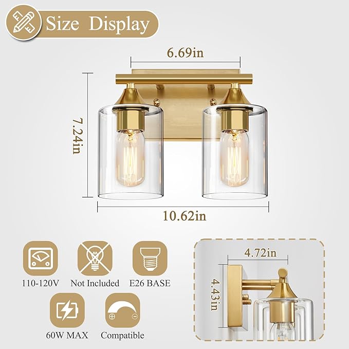XPEHK Gold Vanity Lights for Bathroom, 2-Light Bathroom Light Fixtures - Image 4