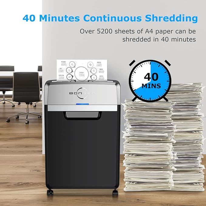 BONSEN Heavy Duty Paper Shredder, 24-Sheet Cross-Cut Shredder, 40-Min - Image 3